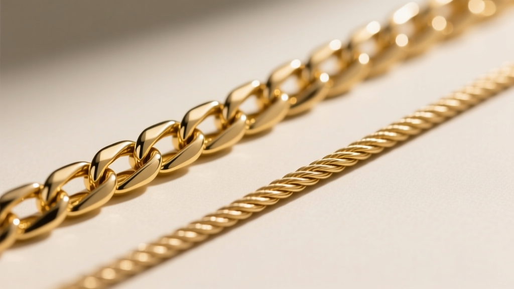 Macro photography comparing a 14k gold box chain and cable chain side-by-side, highlighting interlocking links and thickness.