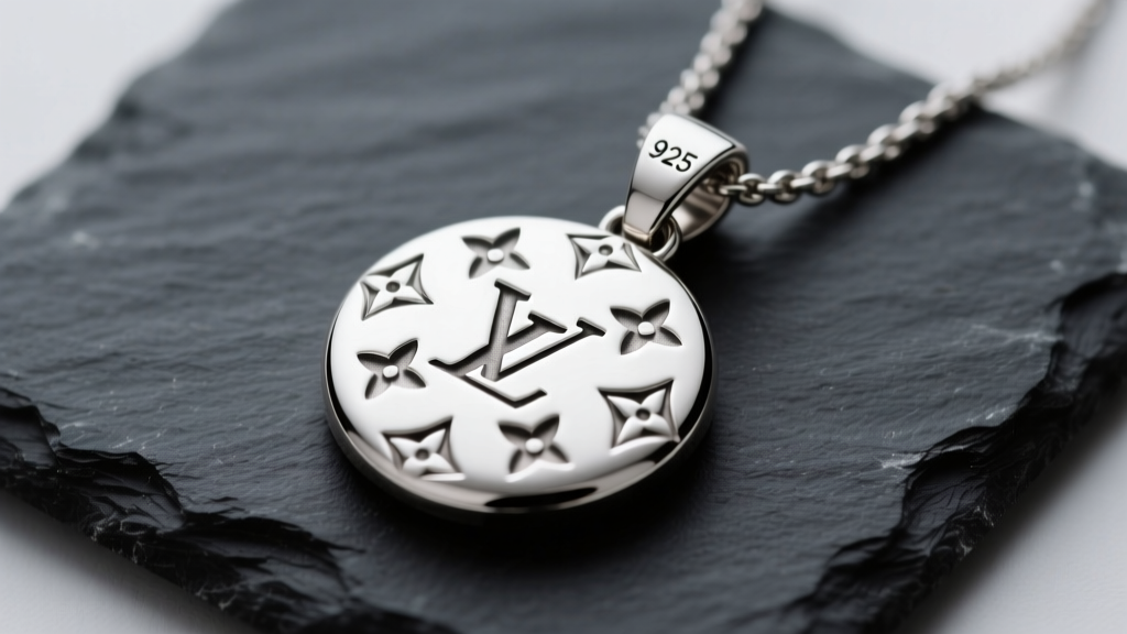Sterling silver Louis Vuitton Empreinte pendant on dark slate, showing the engraved monogram and a tiny 925 hallmark stamp.