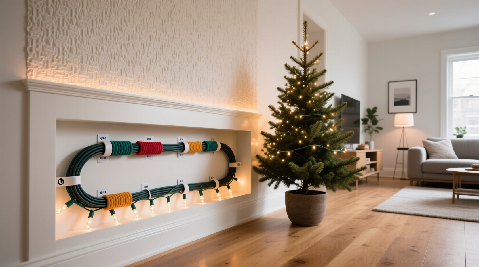 how to hide cords from christmas tree lights cleanly and safely in any room