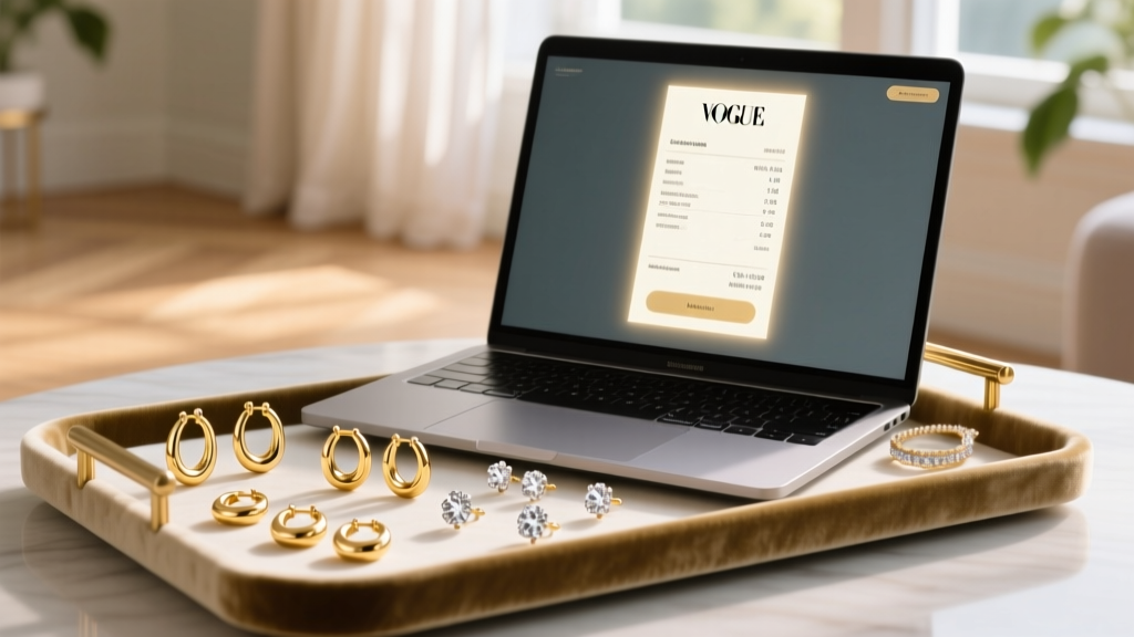 Laptop checkout screen beside a velvet tray of 14k solid gold huggie earrings and diamond studs in soft morning light.