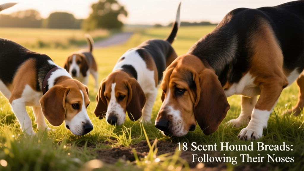 A diverse group of scent hounds—including a beagle, basset hound, and bloodhound—sniffing intently in a grassy field