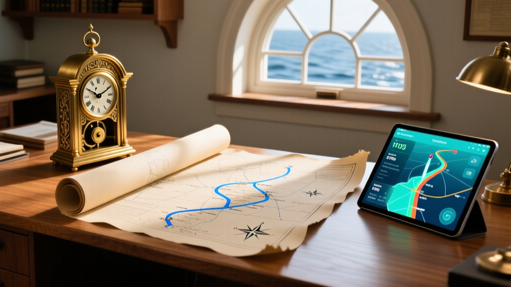 A neatly organized navigator desk featuring a retro brass ship clock, a paper nautical chart, and a modern tablet displaying digital waypoints.