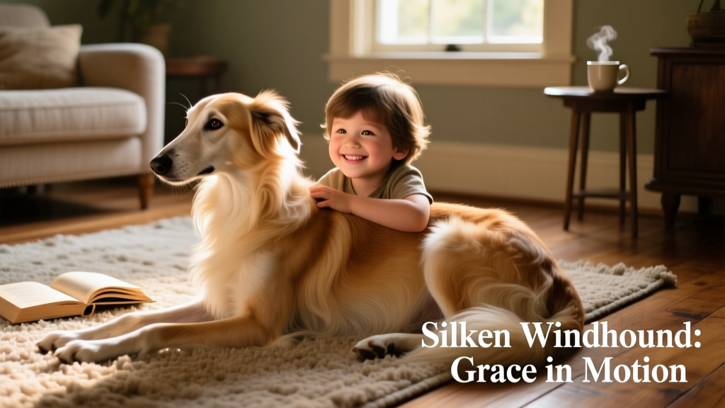 A close-up of a Silken Windhound resting beside a child on a cozy living room rug, both looking relaxed and connected