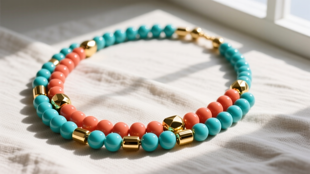 Top-down view of a mixed bead necklace with turquoise, coral, and gold spacers on linen fabric under soft natural light.
