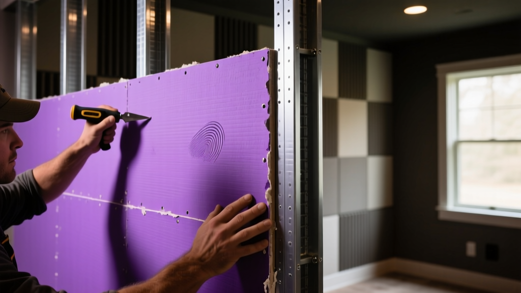 Close-up of a contractor installing purple soundbreak gypsum board on a metal stud frame in a dimly lit home theater room