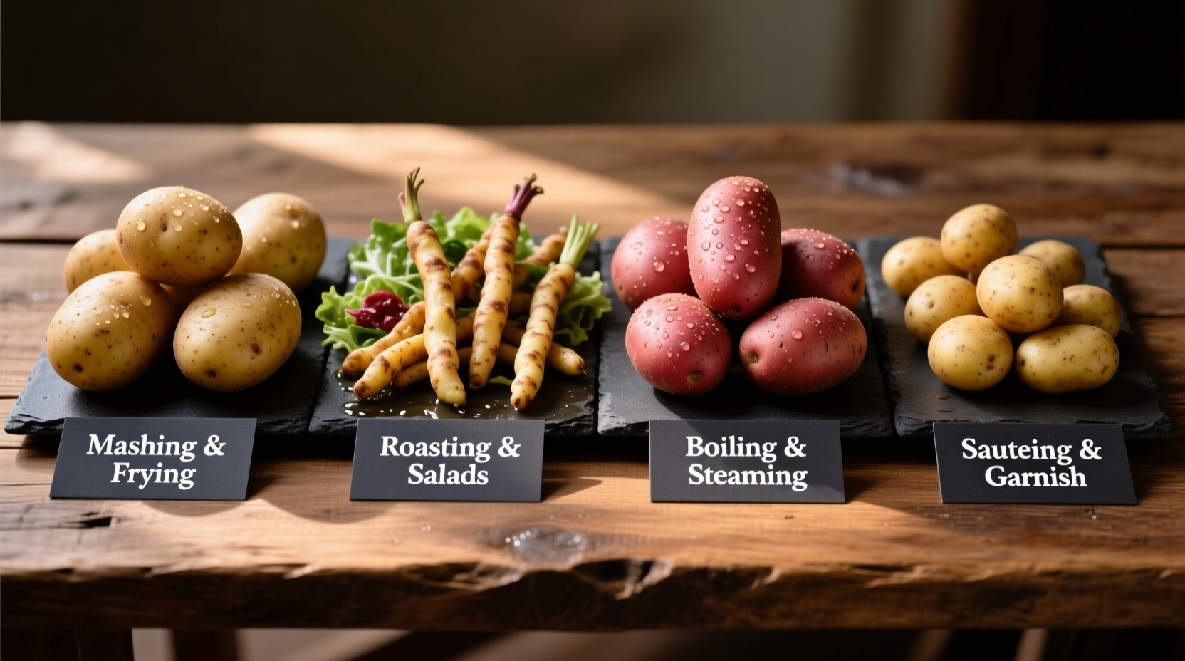 Different potato varieties arranged by cooking application