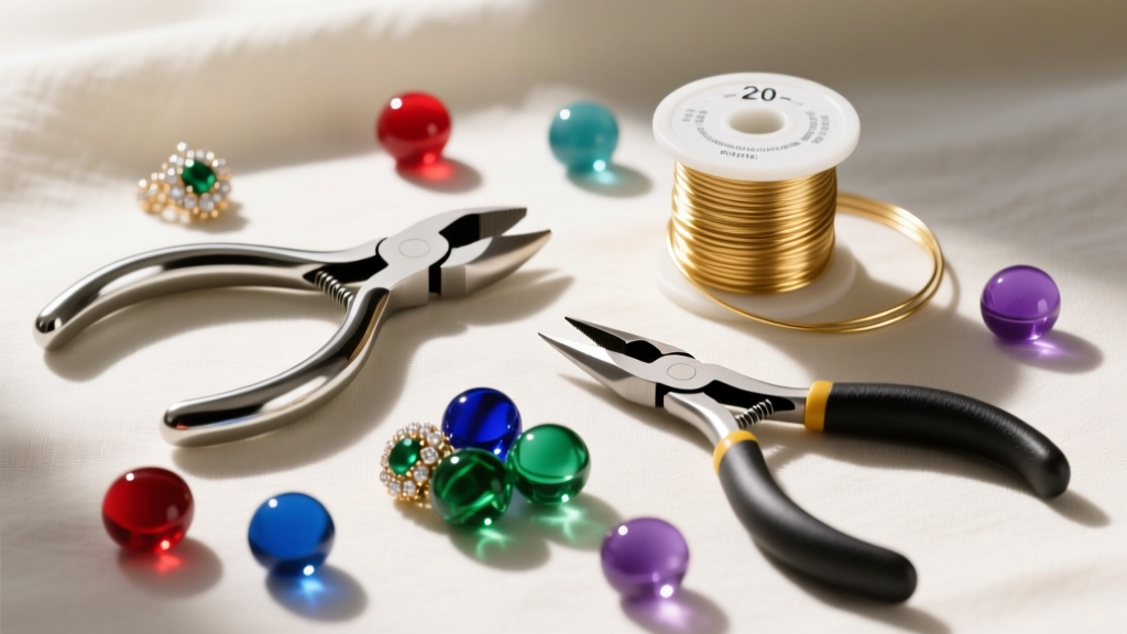 Flat lay of jewelry tools including round-nose pliers, wire cutters, and 20-gauge gold wire next to scattered colorful glass beads