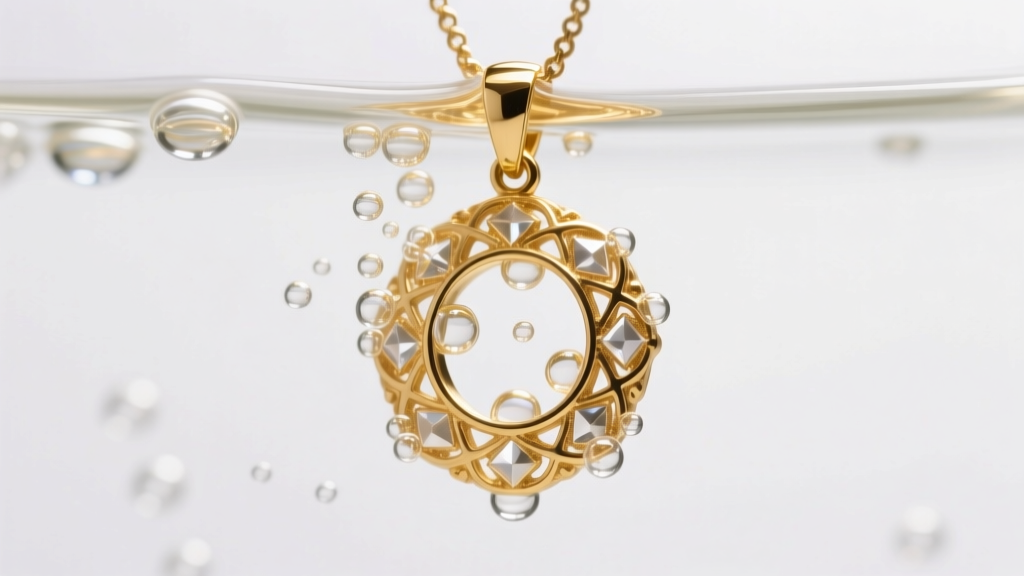 Macro shot of a gold vermeil pendant submerged in mild alkaline electrocleaning solution, showing tiny hydrogen bubbles forming