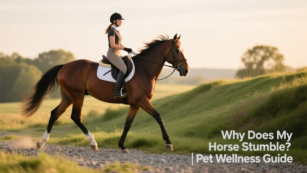 Happy, relaxed horse walking confidently on varied terrain—gravel, grass, and gentle slope—with rider in balanced seat