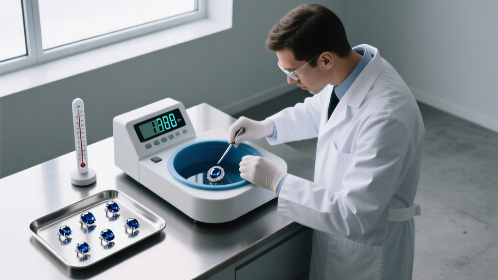 Overhead view of a gemologist using a digital timer and thermometer to monitor a sonic cleaning bath for delicate sapphire jewelry.