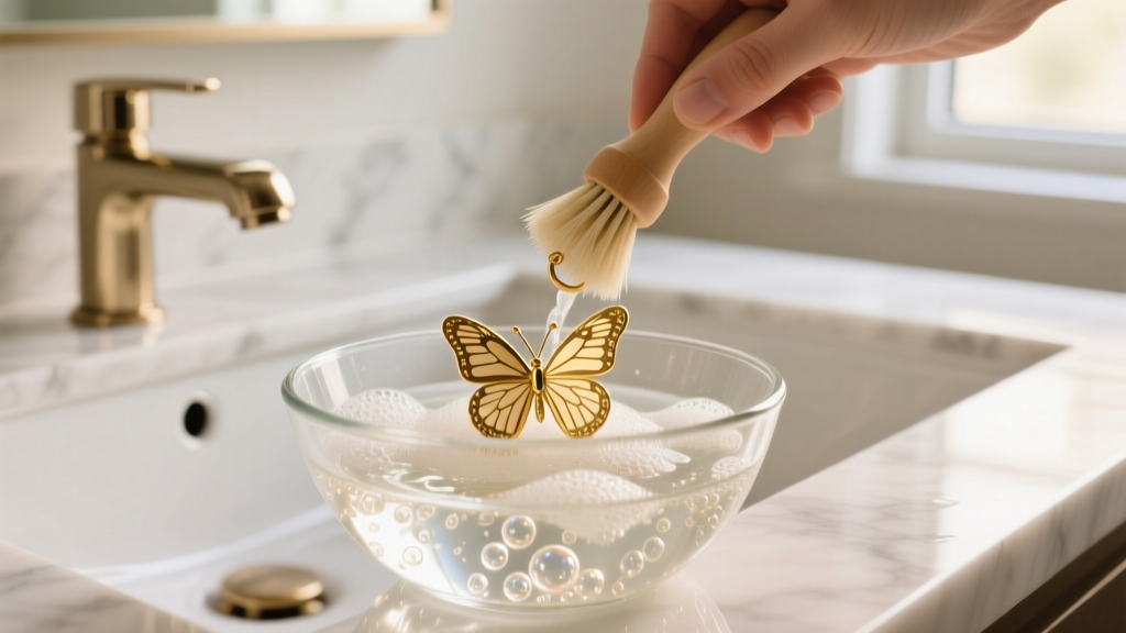 Hands washing a 14k gold butterfly earring with a soft brush over a glass bowl of soapy water in a bright bathroom setting