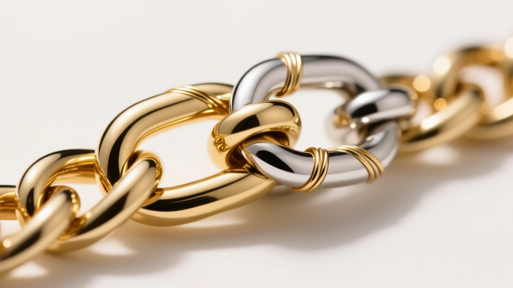 Macro shot of a clasp on a two tone silver and gold chain, showing precise soldering where 14k gold meets 925 sterling silver