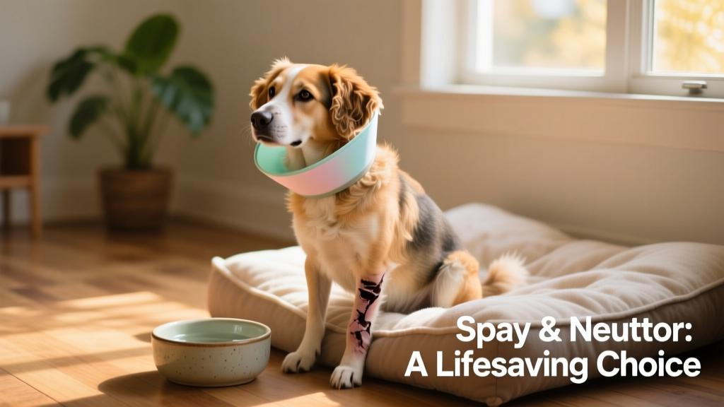 Happy, healed dog wearing a soft recovery collar, sitting calmly beside a water bowl and cozy bed
