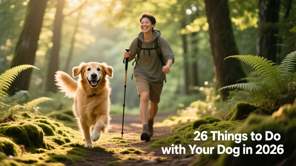 A joyful dog and owner hiking on a sun-dappled forest trail