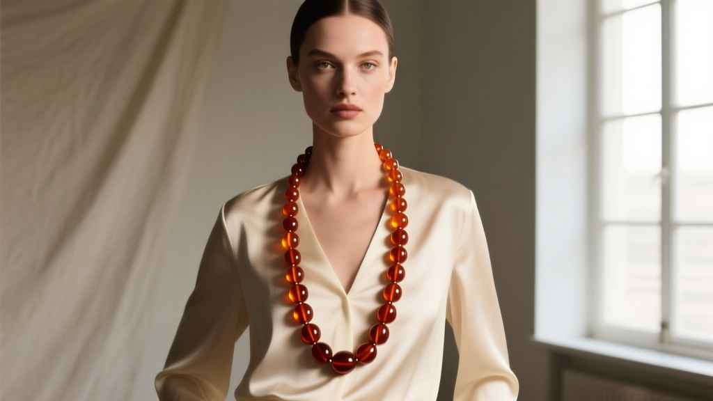 Model wearing a 30-inch opera-length necklace of polished 10mm carnelian beads, glowing warmly against a cream silk blouse.