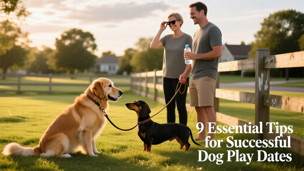 Two dogs meeting calmly on-leash at the edge of a grassy, fenced area, with owners standing nearby and relaxed