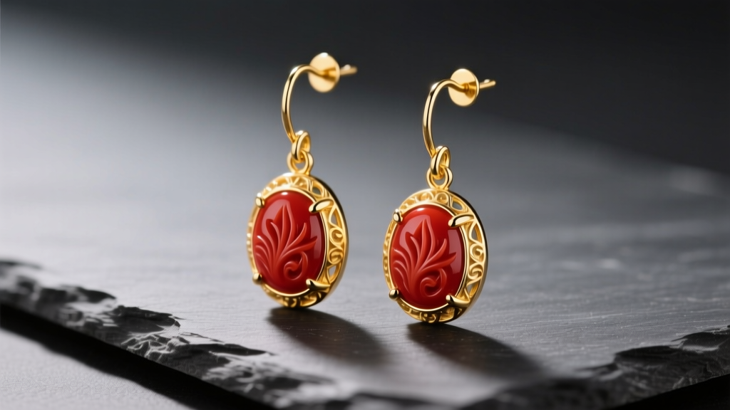 18k yellow gold drop earrings with carved red coral cabochons resting on dark slate under soft, warm directional lighting.