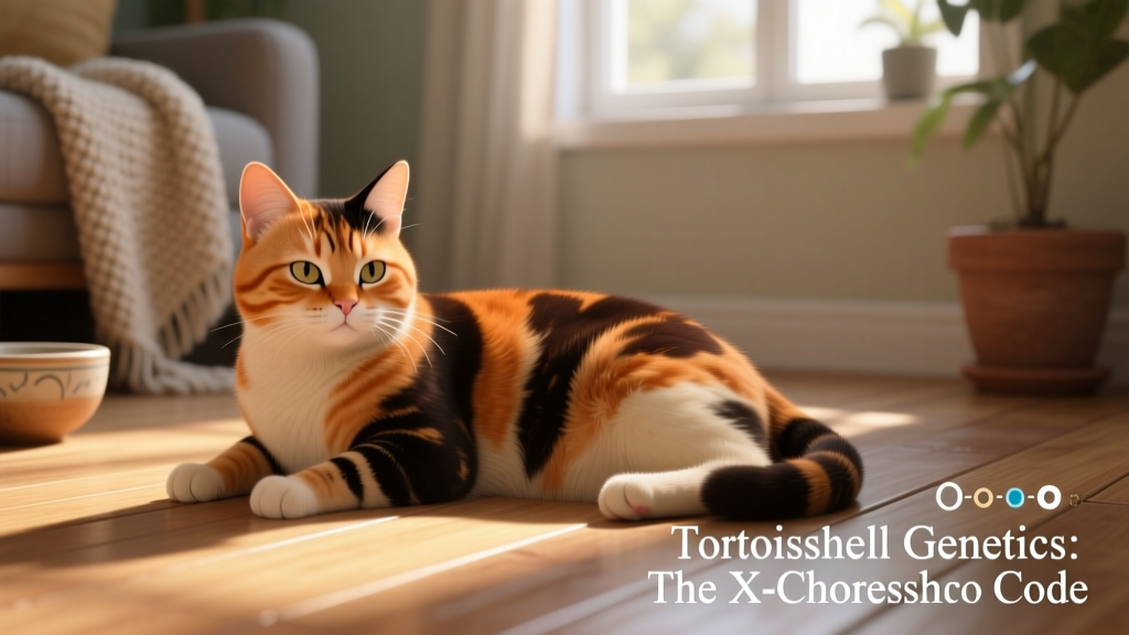 Illustration of feline X-chromosome inheritance showing how orange and black pigment genes combine in female cats to create tortoiseshell patterning