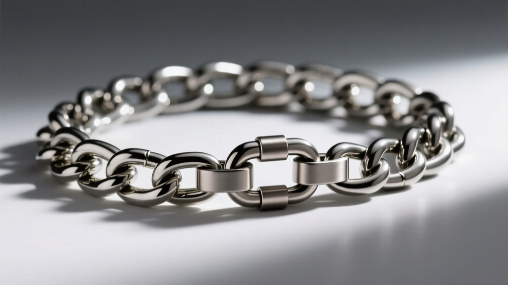 Macro shot of a steel Cuban link chain secured by a brushed titanium magnetic cinch clasp under bright, focused studio lighting.