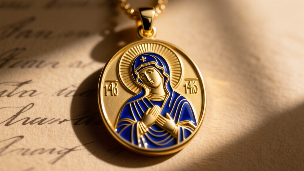 Macro shot of 14k gold Black Madonna medallion with deep blue champlevé enamel accents and a textured matte background finish.