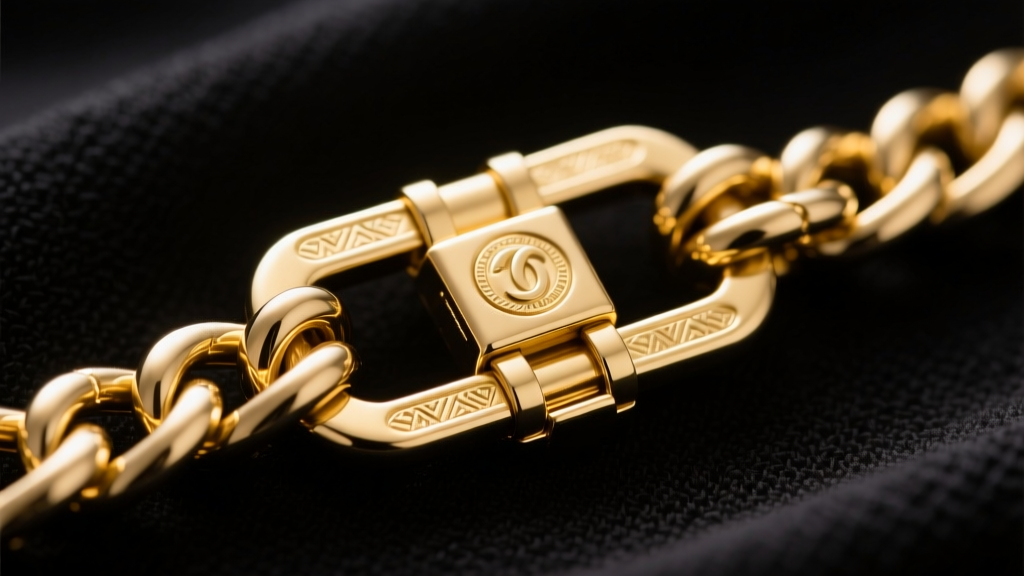 Macro photography of a heavy-duty 18k gold-plated magnetic clasp securing a thick 5mm Cuban link chain against dark velvet fabric