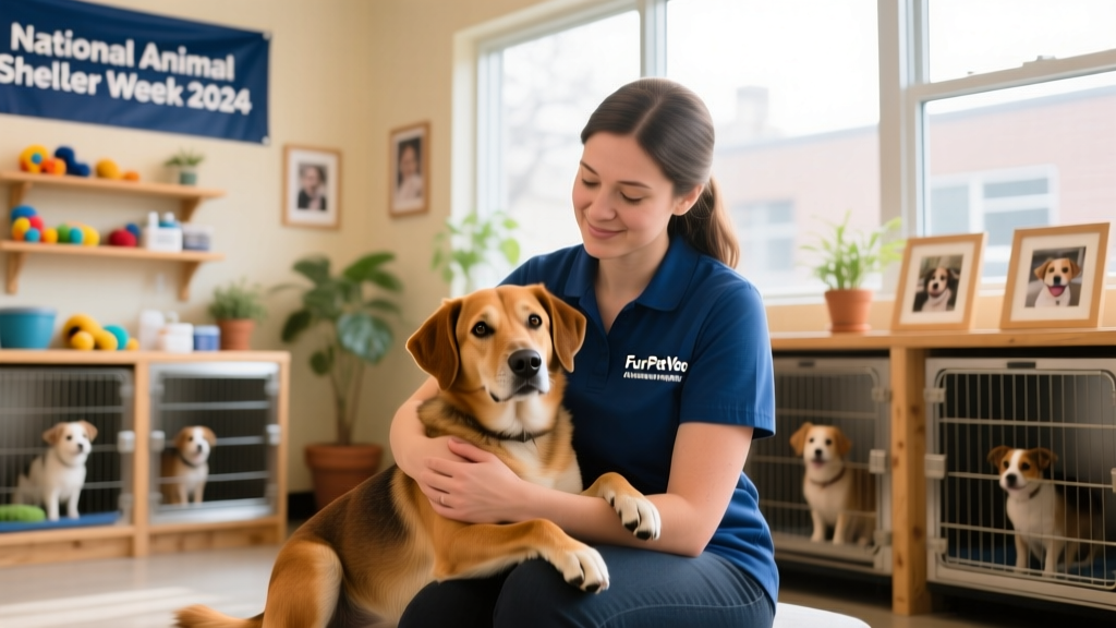 A volunteer gently holding a calm, adopted dog inside a bright, welcoming FurPetVo adoption center