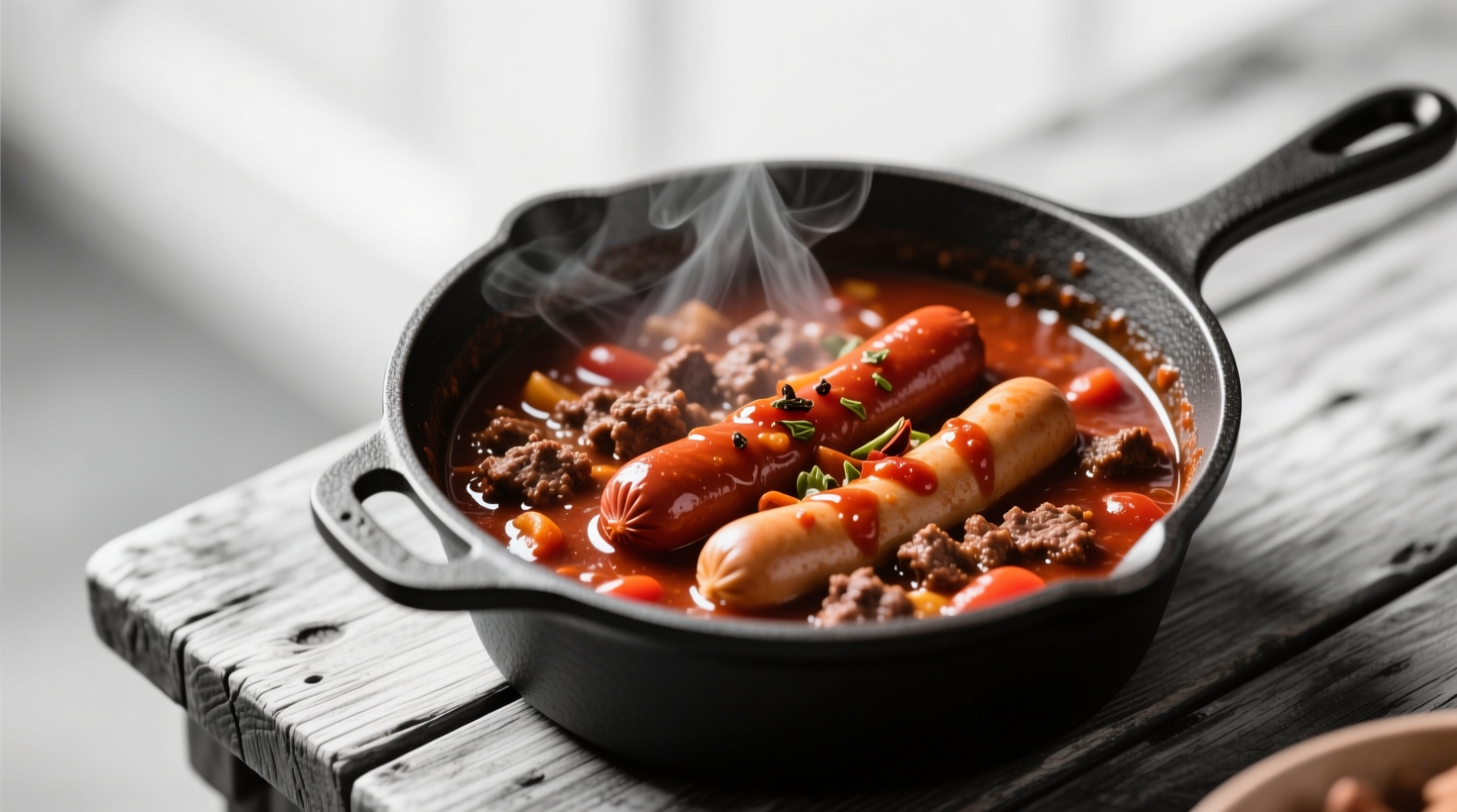Quick 3-ingredient hot dog chili simmering pot with ground beef tomato sauce and spices not year-round at casual cookouts