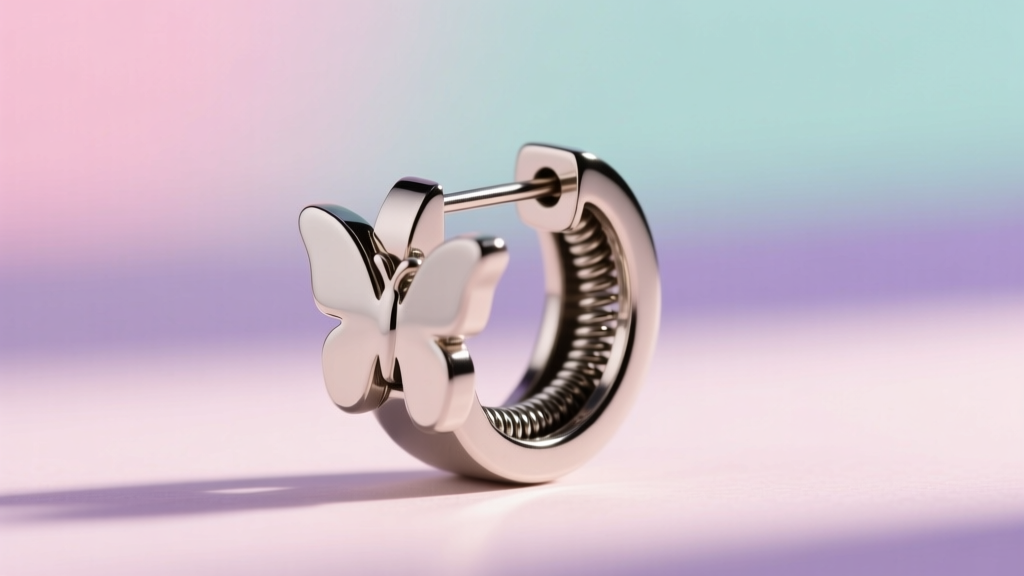 Side view of a titanium locking butterfly back earring showing its internal tension spring against a soft blurred pastel backdrop.