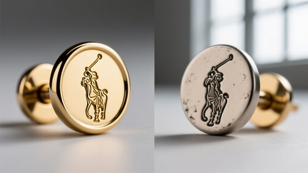 Side-by-side macro view of an authentic Ralph Lauren hallmark stamped on a hoop post versus a blurry, shallow counterfeit stamp.