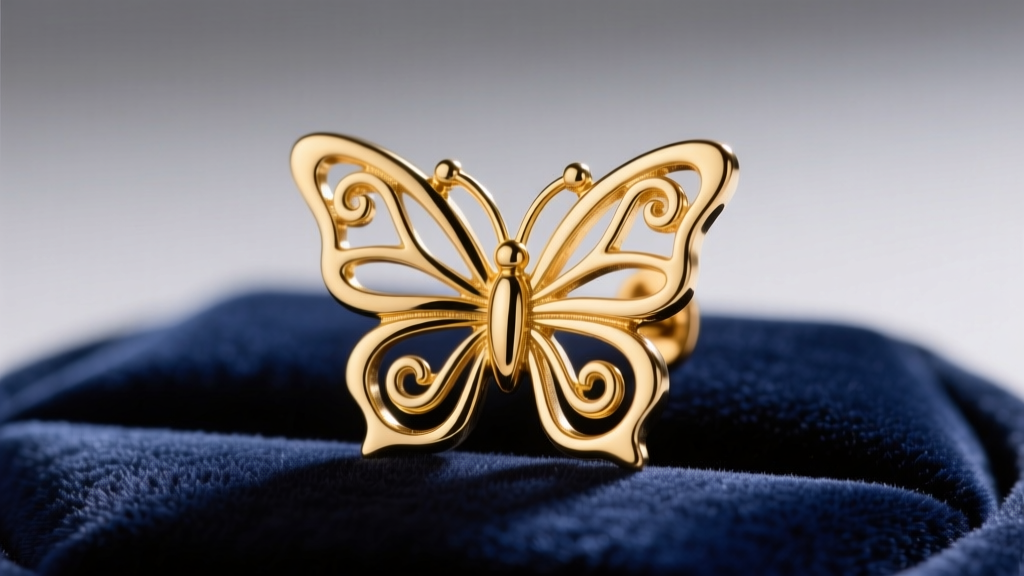 Macro view of a 14k gold butterfly earring back on velvet, studio lighting highlighting the metal scroll and tension grooves.