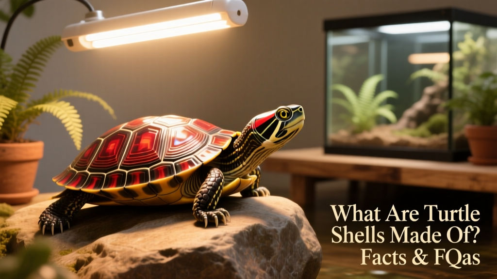 Healthy red-eared slider turtle basking under a UVB lamp with glossy, intact scutes visible