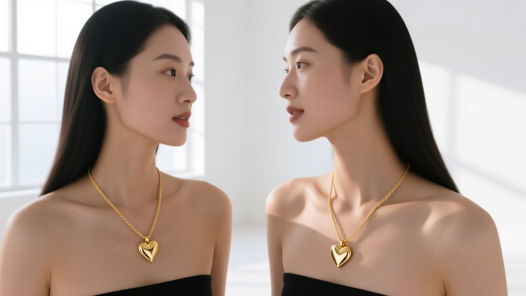 Two friends wearing matching interlocking gold vermeil heart pendants on delicate cable chains, captured in a brightly lit studio
