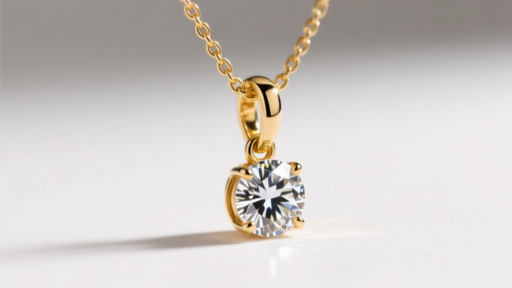 Macro shot of a 14k gold necklace jump ring connecting a delicate cable chain to a diamond pendant under bright studio lighting.