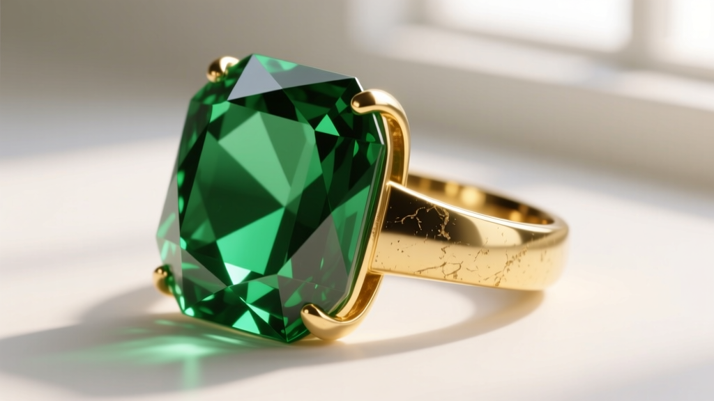 Macro shot of a vintage 1980s faceted Lucite cocktail ring in emerald green showing light refraction on a thick gold vermeil band