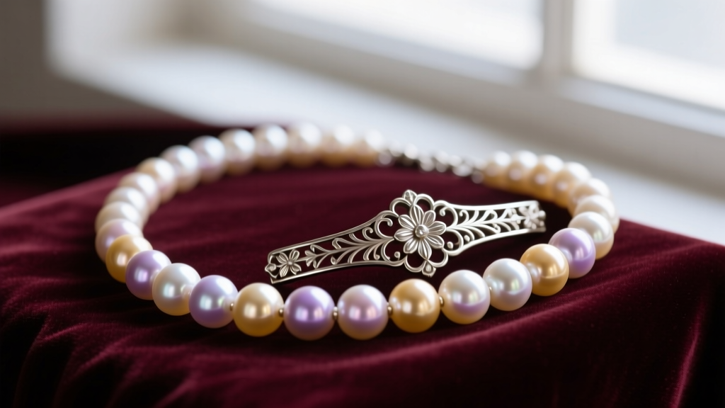 Macro shot of a vintage Majorica pearl necklace on velvet, showing deep luster of simulated pearls and an ornate silver clasp.