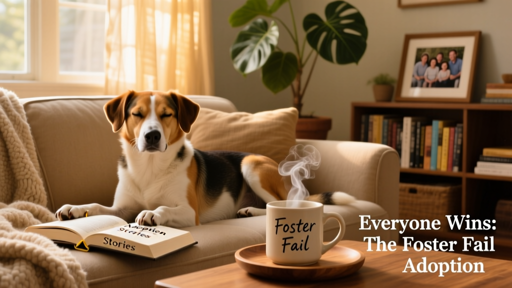 A cozy living room scene with a relaxed dog resting on a sofa next to a book and a steaming mug