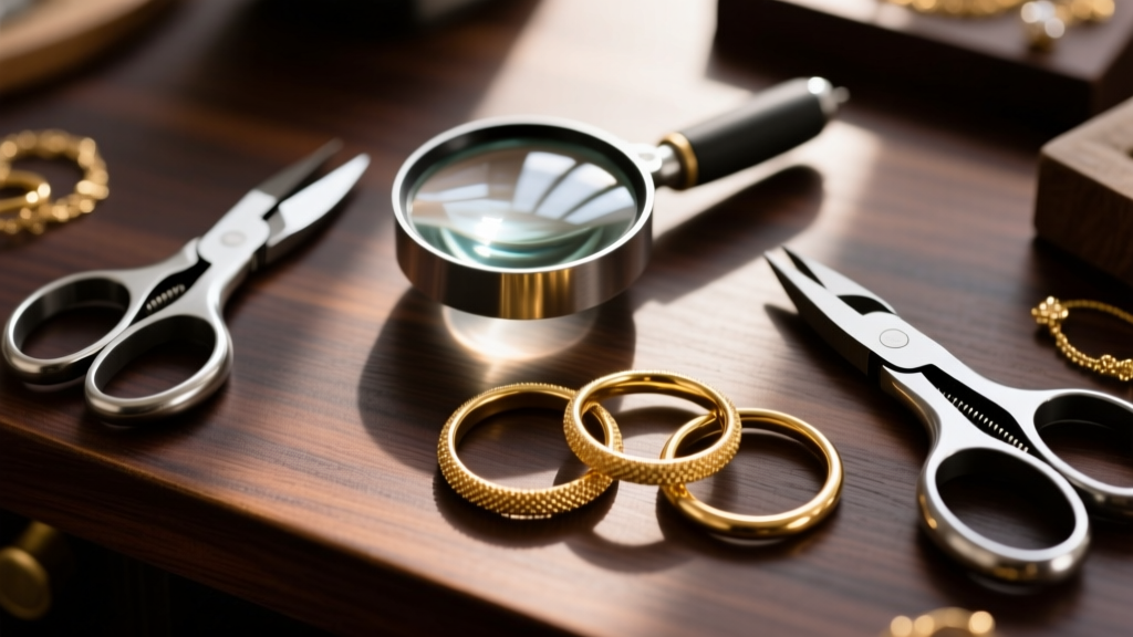 Top-down view of a jewelry bench showing a loupe, flush cutters, and 14k gold soldered jump rings on a dark wood surface.