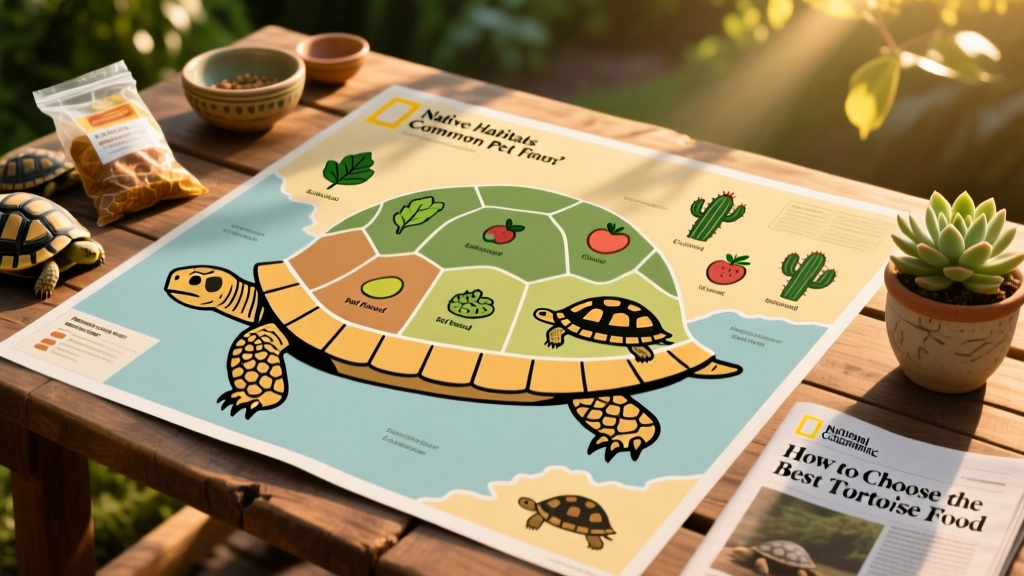 Map showing native habitats of common pet tortoise species with dietary icons