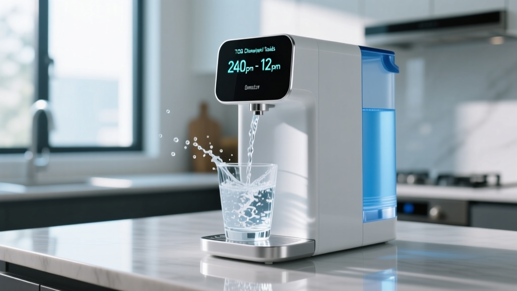 Smart water dispenser display showing TDS dropping from 240 to 12 ppm while dispensing chilled purified water into a clear glass