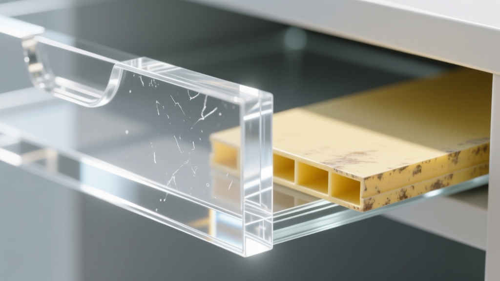 Macro shot of thick cast acrylic drawer edge showing clarity, beside a slightly yellowed extruded plastic sheet in bright daylight.