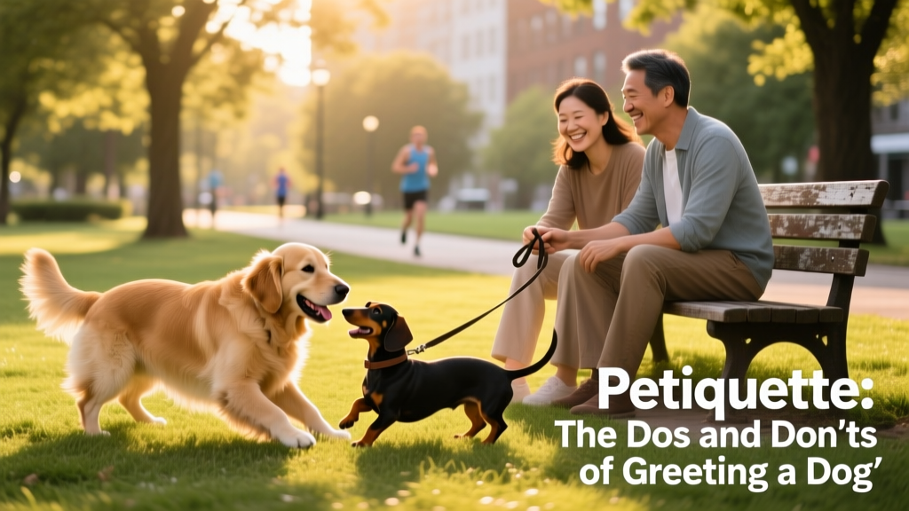 Two friendly dogs playing side-by-side in a sunlit park, with their owners seated nearby chatting and smiling