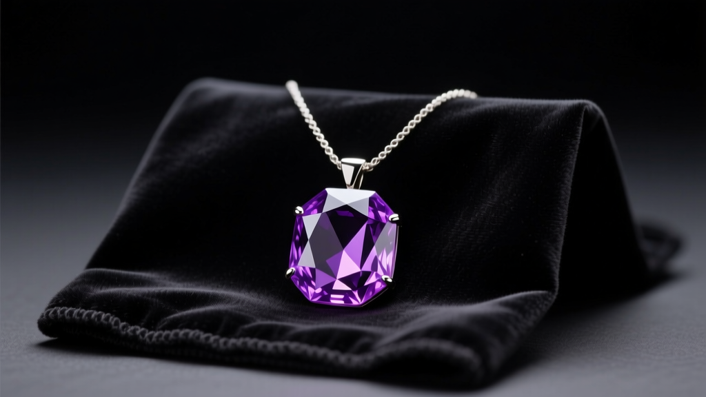 Faceted amethyst purple pendant necklace resting on dark velvet cleaning cloth, illuminated by soft and diffused studio lighting