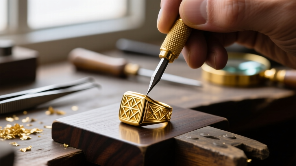 Jeweler workbench showing a goldsmith using an engraving tool to apply a florentine finish onto an 18k yellow gold signet ring
