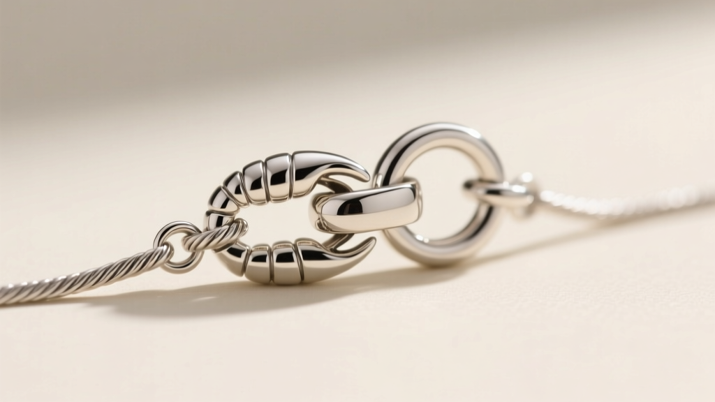Extreme close-up of a stamped 925 lobster clasp and welded jump ring on a delicate cable chain, highlighting secure construction