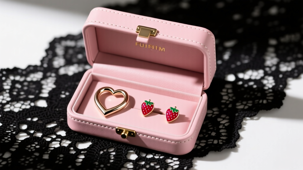 Flatlay of a pink leather jewelry box containing heart-shaped huggie hoops and strawberry enamel studs on a black lace fabric