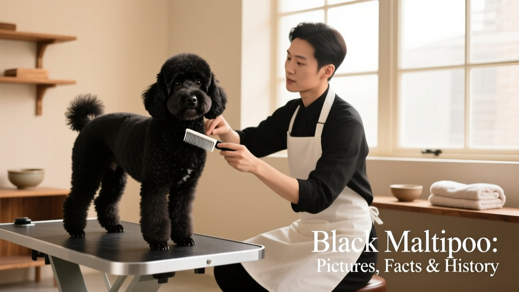 A well-groomed black Maltipoo standing on a grooming table, with a professional stylist gently brushing its coat