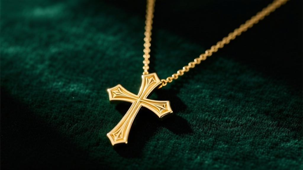 A polished 14k yellow gold toggle cross necklace resting on dark emerald velvet, illuminated by soft studio lighting.