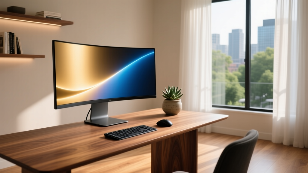 Modern 2026 home office desk featuring a walnut monitor stand, ultrawide monitor, and ambient bias lighting in a sunlit room