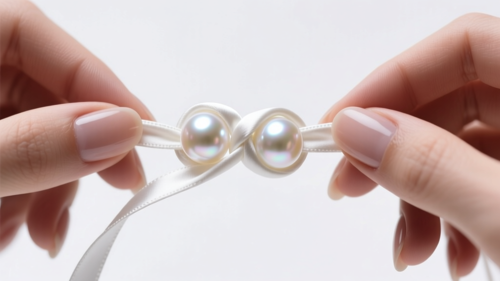 Macro shot of hands tying an overhand knot on white silk cord between two round freshwater pearls under soft studio lighting