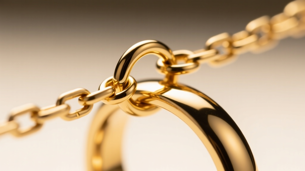 Extreme close-up of an 18-gauge soldered gold jump ring attaching a rolo chain to a ring band under bright studio lighting.
